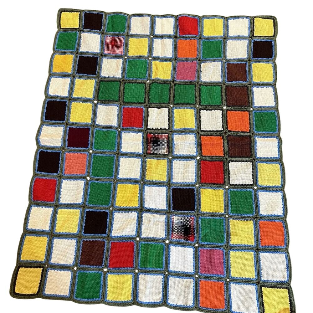Vtg Crocheted Scrap Square Afghan Throw 40x50 Handmade Mod 60s 70s Masculine
